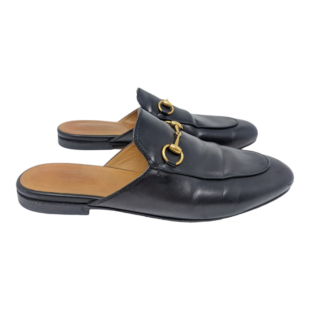 Gucci Princetown Horsebit Black Leather Slipper Round Toe Flat Mules Size 38 - Picture 3 of 13